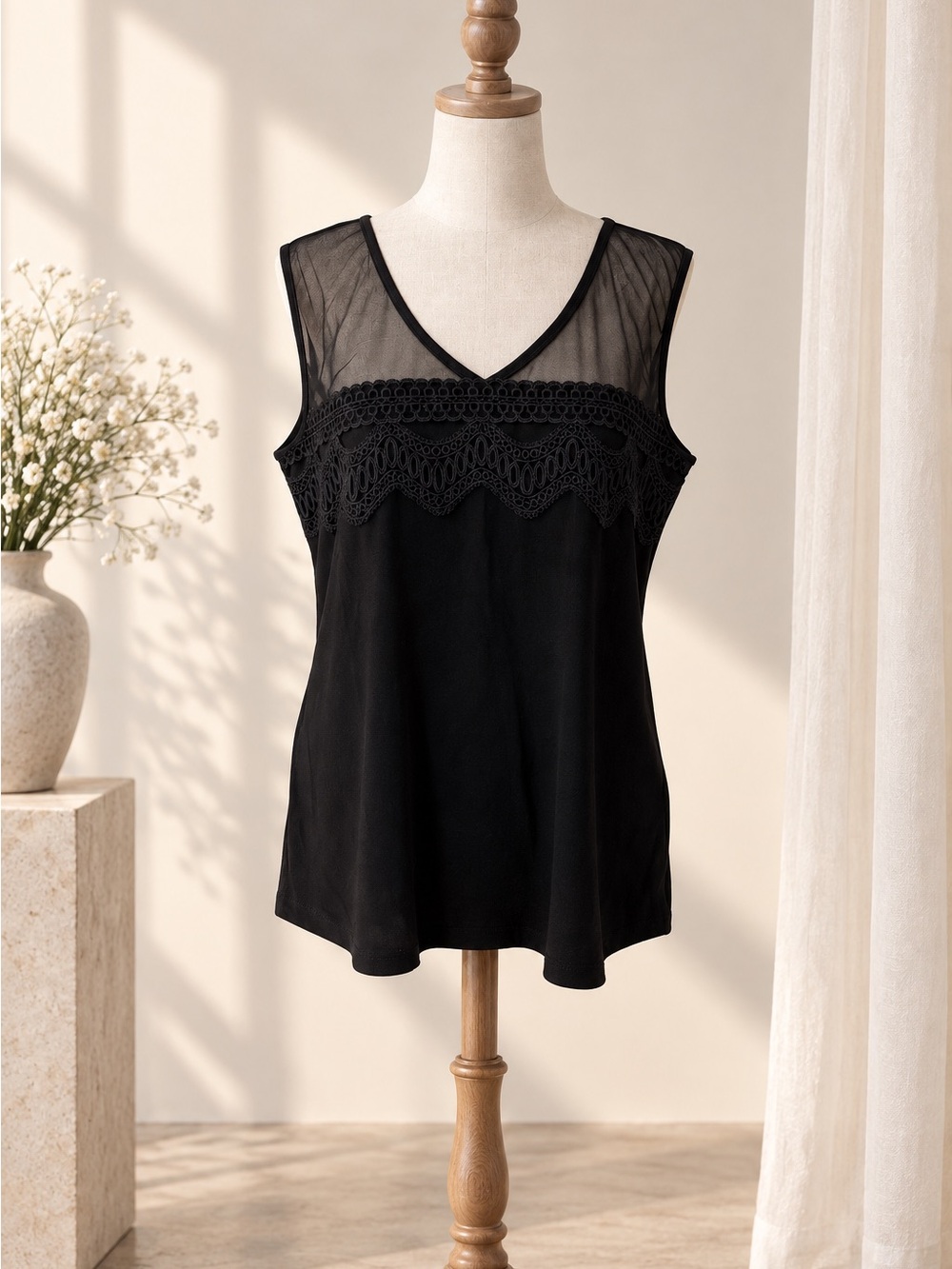 Atelier 29 Black Mesh Lace Top XL Sheer Sleeveless Romantic Goth Blouse